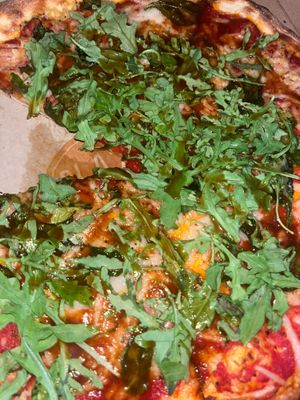 One large 1-top pizza ($14.49 digital app order) with red sauce, spinach, arguala, vegan cheese, BBQ sauce, oregano, and sea salt.  at Blaze Pizza in Bay Shore