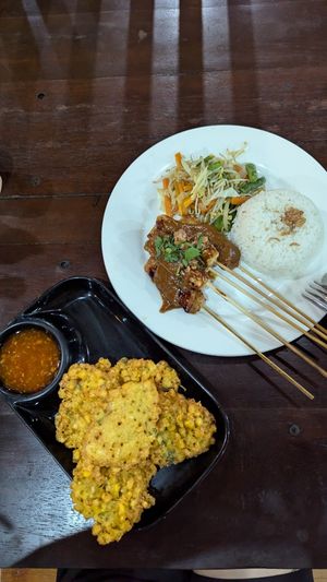Corn fritters and satay tempeh at Soka Warung in Penida Island