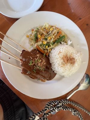 Tempeh sticks, rice and vegetables  at Soka Warung in Penida Island