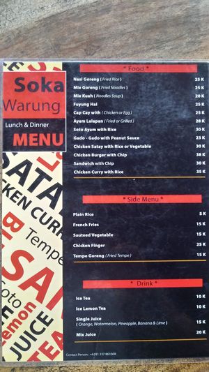Menu at Soka Warung in Penida Island