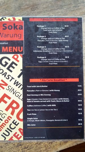 Menu at Soka Warung in Penida Island