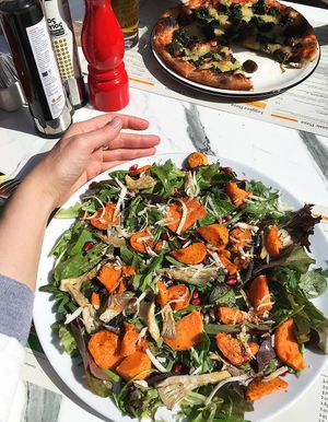 Sweet potato salad, vegan version: mixed leaf salad, sweet potato slices, oyster mushrooms, vegan cheese, pomegranate, sunflower&pumpkin seeds, red wine vinegar at Pizza Express in Paphos