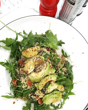 Rucola with avocado & quinoa salad in vegan variation: balsamic syrup instead of honey dressing at Pizza Express in Paphos