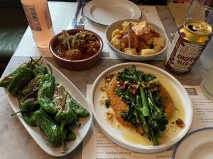 Pan fried padron peppers, tenderstem broccoli, plant based meatballs, fried bravas potatoes    at Salt House Tapas in Liverpool