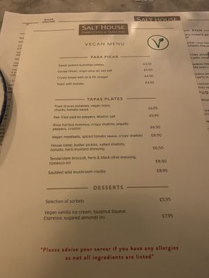 Vegan menu   at Salt House Tapas in Liverpool