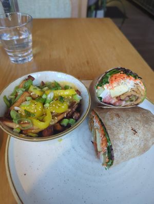 Clubhouse wrap and dragon fries at Fresh Kitchen + Juice Bar in Toronto