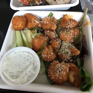 amazing spicy buffalo cauliflower with vegan ranch at Fresh Kitchen + Juice Bar in Toronto