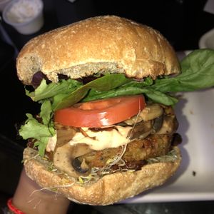 chipotle mushroom bacon burger  at Fresh Kitchen + Juice Bar in Toronto