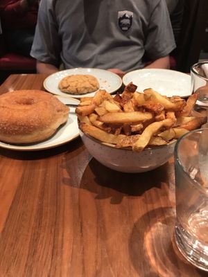 Dessert time!!! Peanut butter cookie cinnamon donut and French fries!!! So good 😁 at Fresh Kitchen + Juice Bar in Toronto
