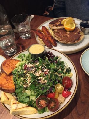 All star salad, pancake plate at Fresh Kitchen + Juice Bar in Toronto