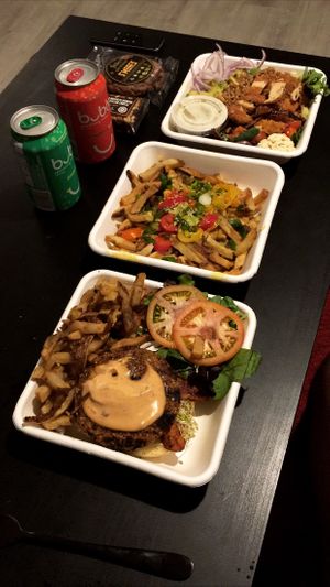 Cobb Salad, Dragon Fries and Burger at Fresh Kitchen + Juice Bar in Toronto