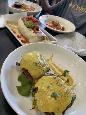Breakfast Burrito and Artichoke Cake Benedict   at Leaf and Seed in Toledo