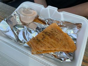 Vegan “chicken” quesadillas were a hit with both of our teenage sons.  at The Juice Garden in Fremont