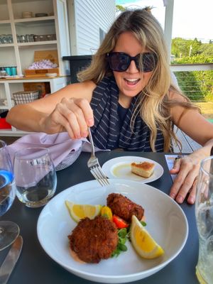 Lucy digging in! at The Causeway in Spruce Head