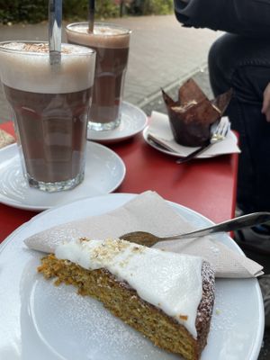 Chili cacao, carrot cake (a little bit small considering the price) , pear muffin   at Café Oink in Leipzig