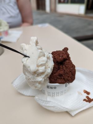 Banana and chocolate ice cream. Medium size (two scoops) at Delizia in Tenerife