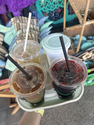 Raspberry lemonade, blue matcha, lavender cold brew, hibiscus lemonadee  at That's A Wrap in Kihei