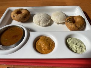 Idly and vada with sambar and chutney (part of the South Indian platter - also comes with a masala dosa)   at Bikanervala in Christchurch