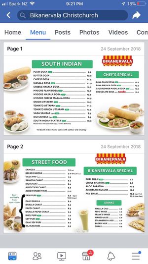 Menu at Bikanervala in Christchurch