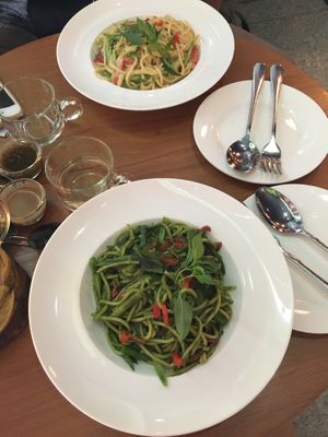 Vegan green curry pasta and vegetarian carbonara  at NOVA Coffee  in Mandalay