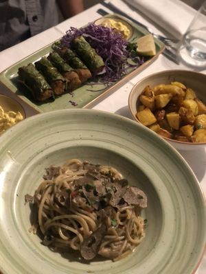 The Vegan Main Courses - Pasta with Truffel and Chickpeaballs. Patatas as a side at Rosmarino in Taormina