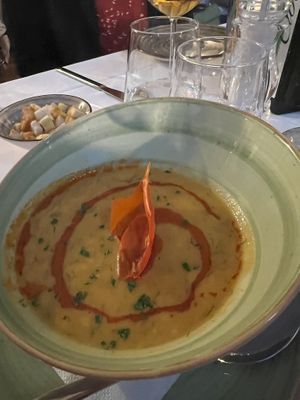 Sicilian  macca (fava soup) with chili oil   at Rosmarino in Taormina