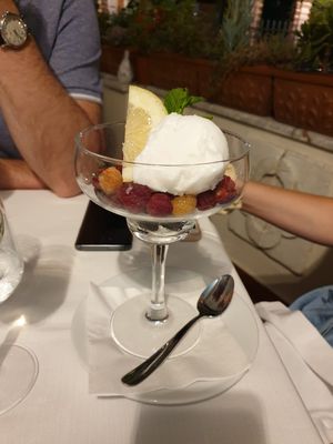 Lemon sorbet and fruits picked from Mt Etna at Rosmarino in Taormina