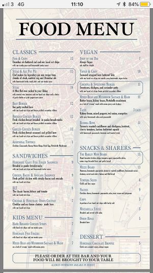 Menu at Barley Mow at The Barley Mow in London