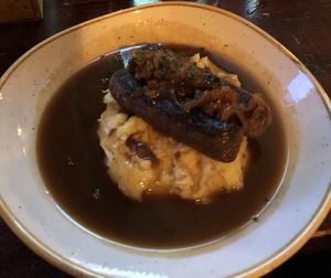 Mixed bean and mushroom sausage & mash at The Barley Mow in London