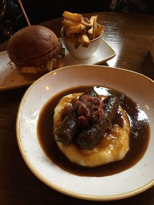 Sausage & Mash / Chickpea Burger at The Barley Mow in London