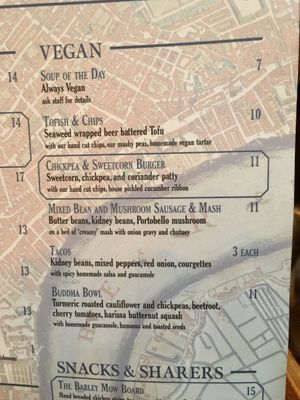 Vegan menu at The Barley Mow in London