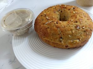 Everything bagel w/ cashew cream cheese at Rise Authentic Baking Co in Grand Rapids