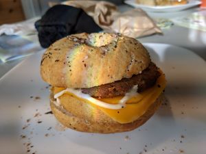 Breakfast sandwich, white bean sausage, "egg", and cheese at Rise Authentic Baking Co in Grand Rapids