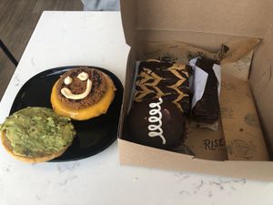 Breakfast sammie and box of baked goodies  at Rise Authentic Baking Co in Grand Rapids