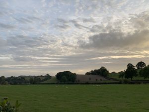 Sun starting to set from beer garden  at The Green Dragon in Church Stretton