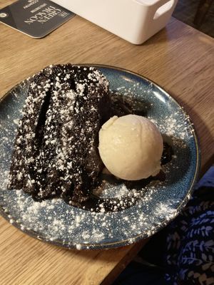 Hot chocolate fudge cakee and a  at The Green Dragon in Church Stretton