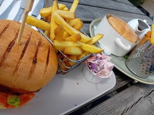 Thai burger and Lentil Sweet Potatoe pie at The Green Dragon in Church Stretton