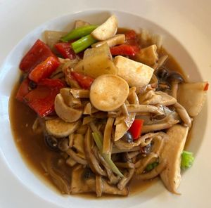 Mushroom Seitan Mix w/ Level 4 Spice
(Close up photo…the actual size of the meal is smaller than it looks in the image) at Lotus Vegan in North Hollywood