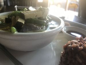 Green curry with soy fish at Lotus Vegan in North Hollywood