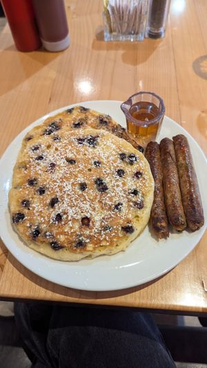 Blueberry pancakes and breakfast sausage (all vegan!) at Cafe Du Soleil in Vancouver