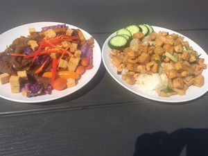 Drunken noodles with tofu and cashew stir fry with tofu at EAT Thai Cafe in Bismarck