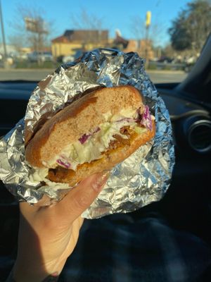 BBQ sandwich with in house made “bbq” and slaw at Magic Vegan Cafe in Gulfport