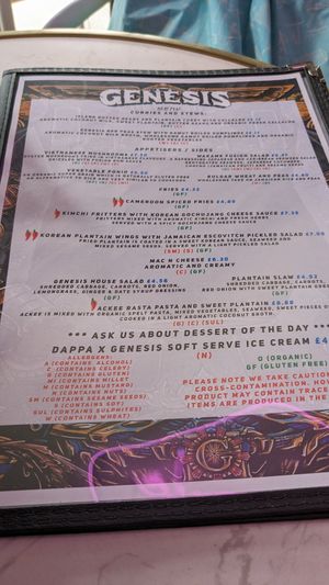 Front page of the menu (early July) at Genesis Plant Based Alchemy in North London