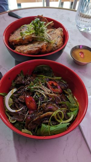 Mushrooms (below) and kimchi fritters at Genesis Plant Based Alchemy in North London