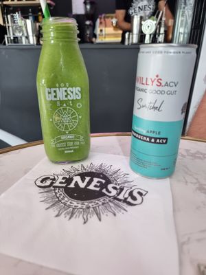 Avo go go smoothie and Kombucha  at Genesis Plant Based Alchemy in North London