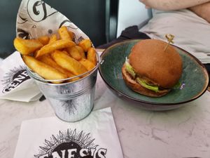 Jerk burger with fries at Genesis Plant Based Alchemy in North London