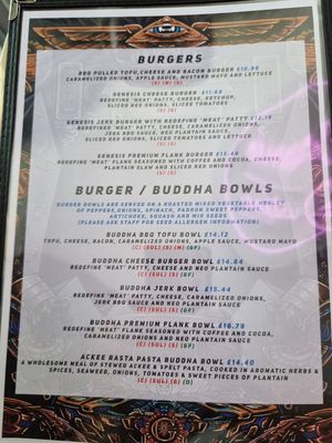 Menu - burgers and buddha bowls at Genesis Plant Based Alchemy in North London