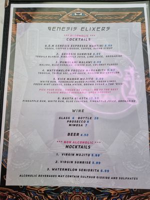 Menu - cocktails, wine, mocktails at Genesis Plant Based Alchemy in North London