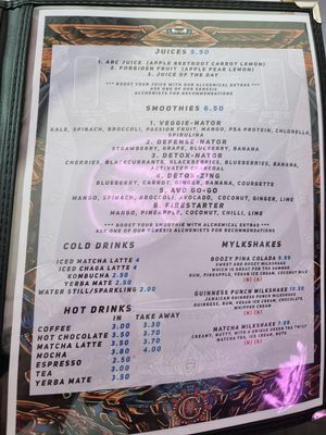 Menu - juices, smoothies, mylkshakes at Genesis Plant Based Alchemy in North London