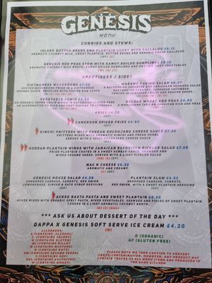 Menu - curries, stews, appetizers  at Genesis Plant Based Alchemy in North London